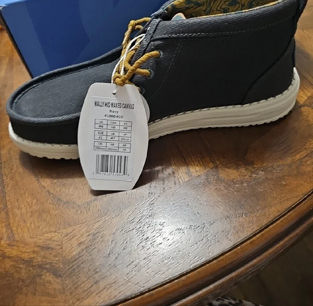Hey Dude Wally Mid Waxed Navy Canvas Casual Men's Shoes with Tan Laces